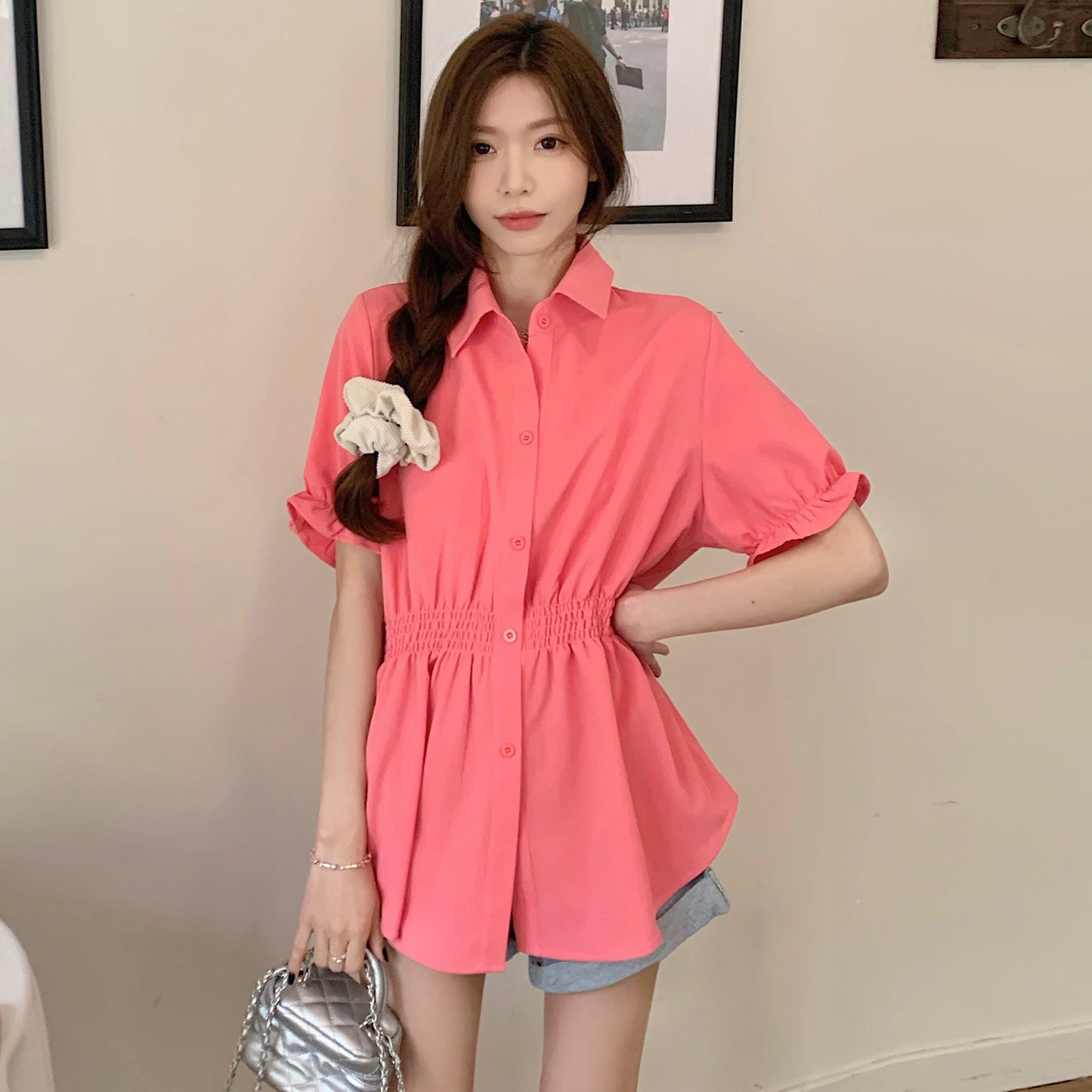 New Korean Style Fashion Waist-controlled Belly Covering Western Style Shirt Women