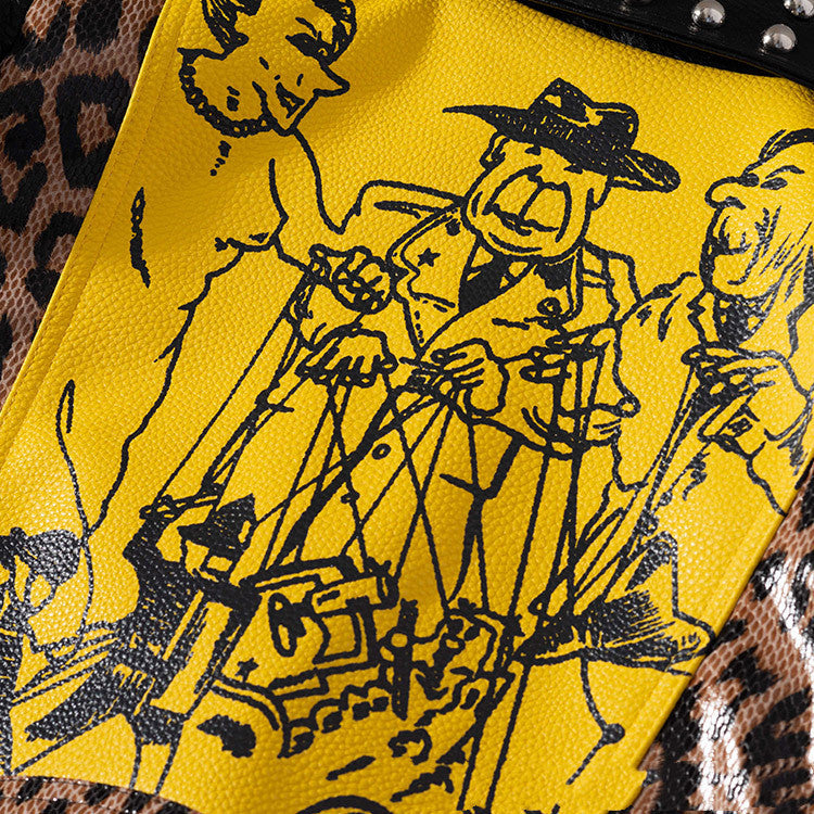 Chain Leather Jacket Printed Half Collar Stud Cropped Top Slim