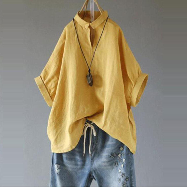 Stand Collar Loose Cotton Linen Solid Color Foreign Trade Women's Clothing Shirt