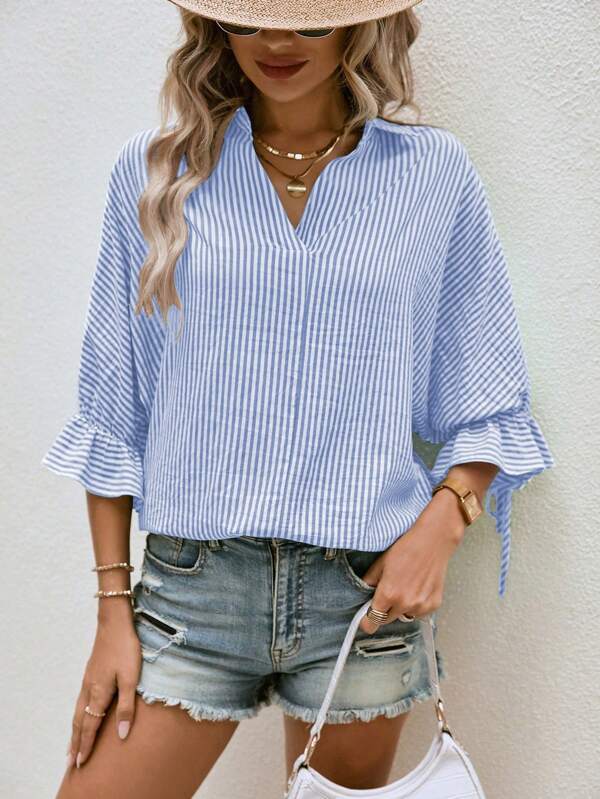 Spring And Summer Striped Flared Batwing Sleeve 34 Sleeve Back Slit V-neck Casual Shirt