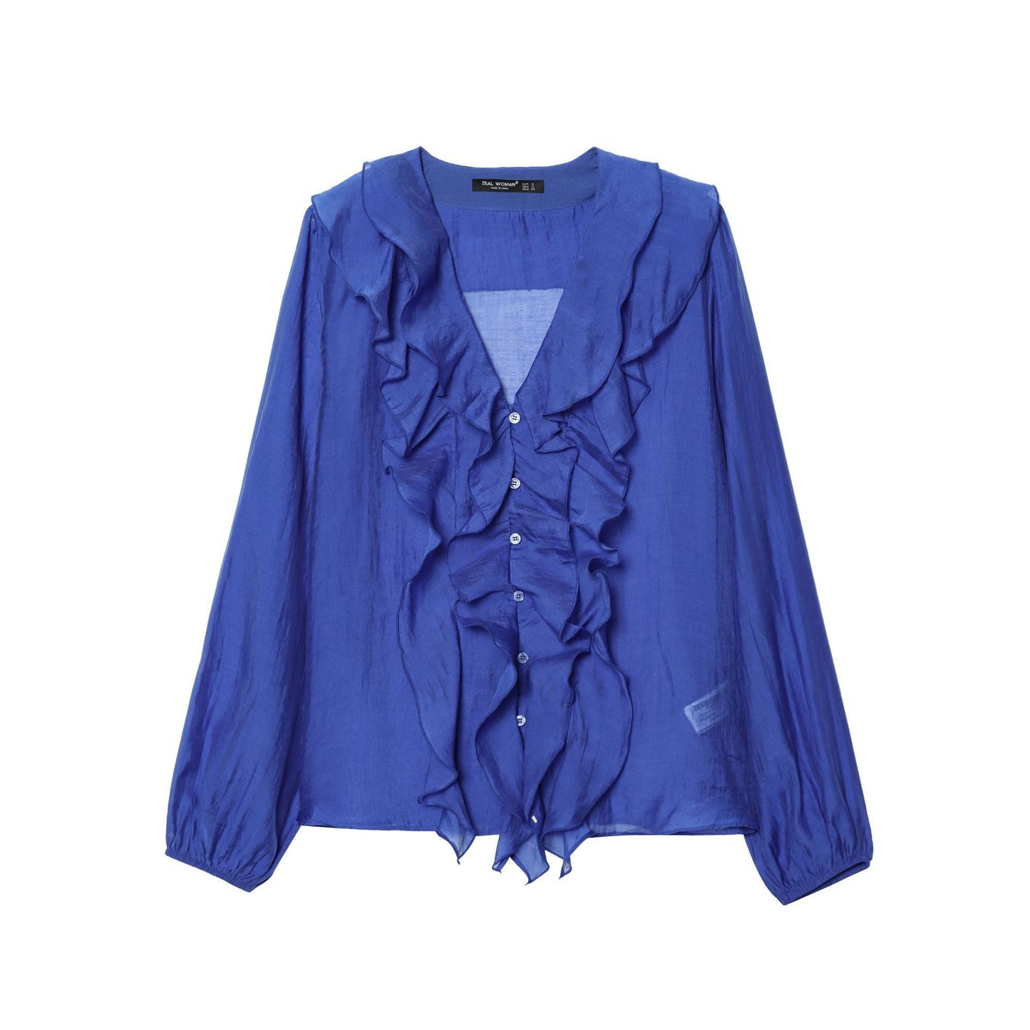 V-neck Laminated Ruffled Long Sleeve Casual Shirt