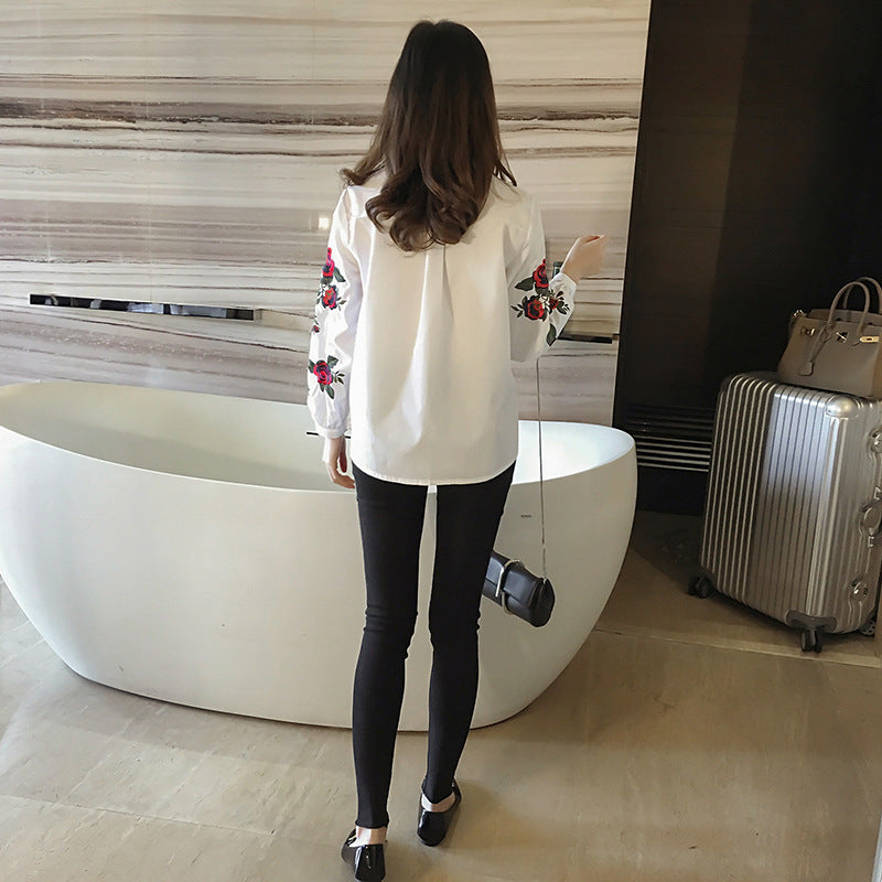 Striped Shirt Women's Long Sleeve Loose Flower Embroidered French Top