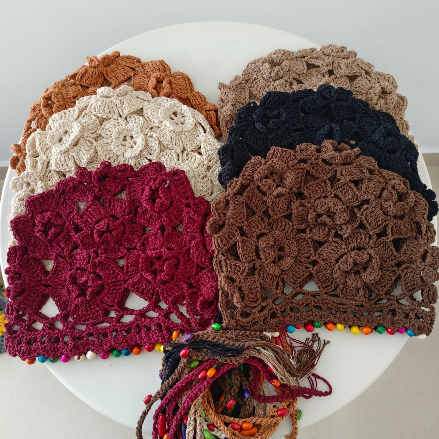 Flower Tassel Knitted Hat Pure Cotton Handmade Colorful Beads Retro Hollow