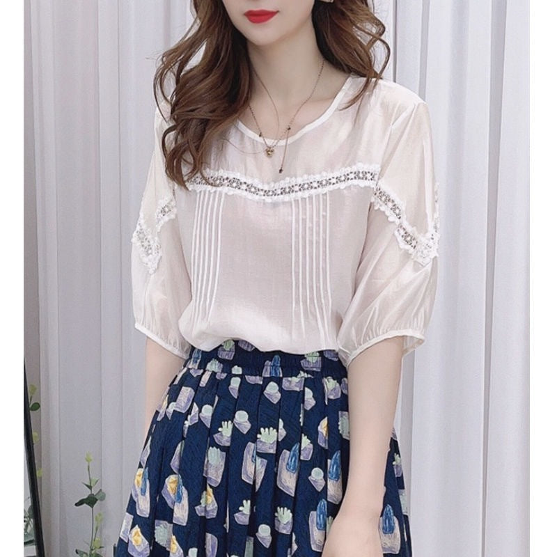 Design Sense Puff Sleeve Shirt Women's Lace