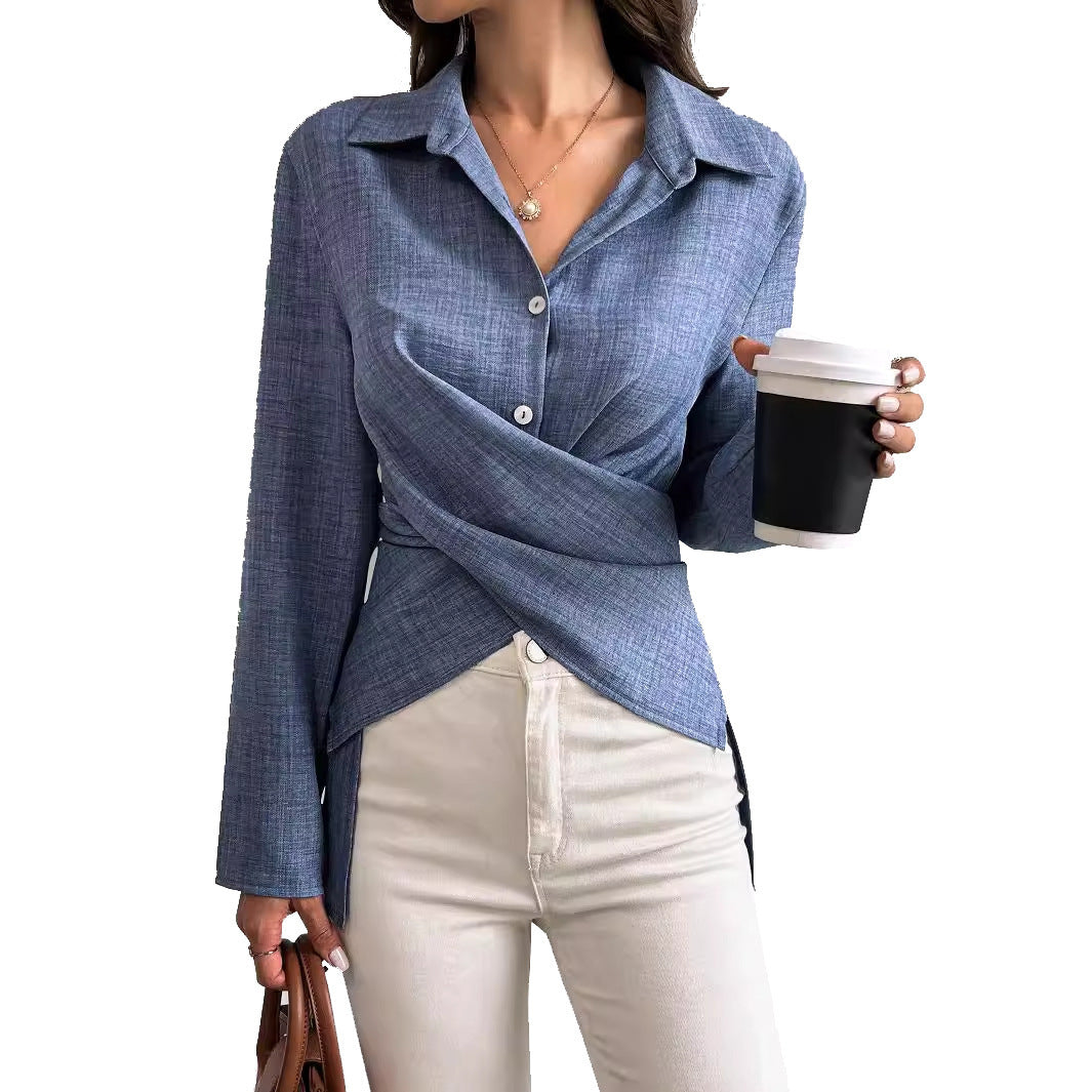 Women's Long-sleeved Cross-tied Pleated Shirt