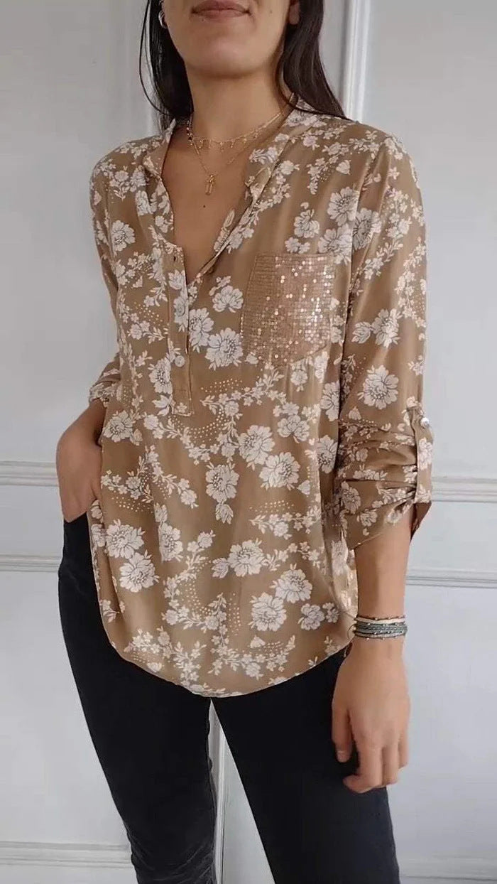 Loose Casual Long Sleeves Printed Sequined Pocket Shirt