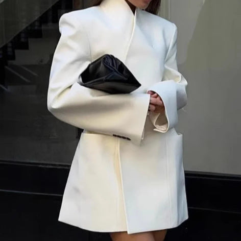 White Elegant Padded Shoulder Suit Jacket Women's Lapel