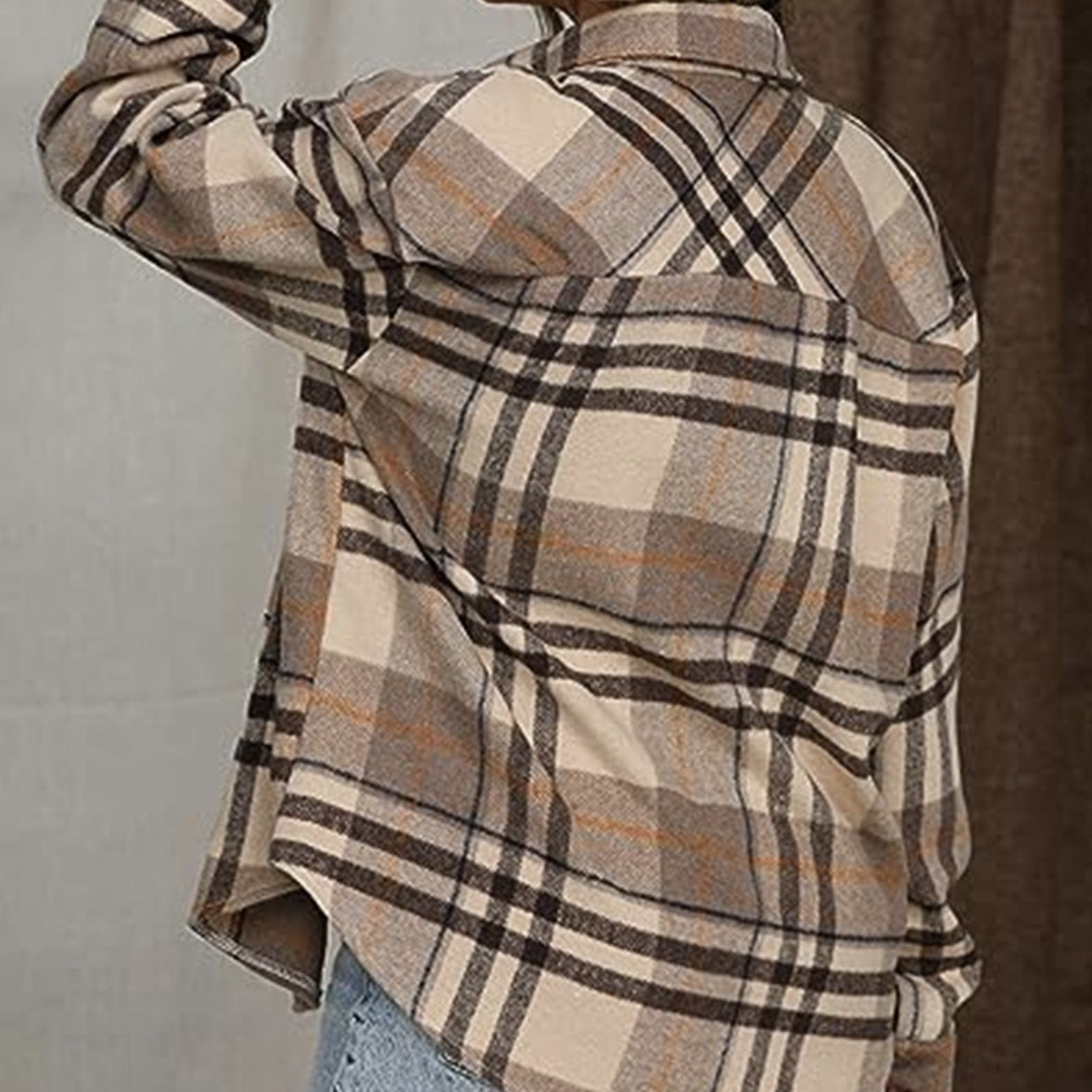Ladies' Casual Plaid Lapel Button Long Sleeved Jacket, Winter Loose Shirt