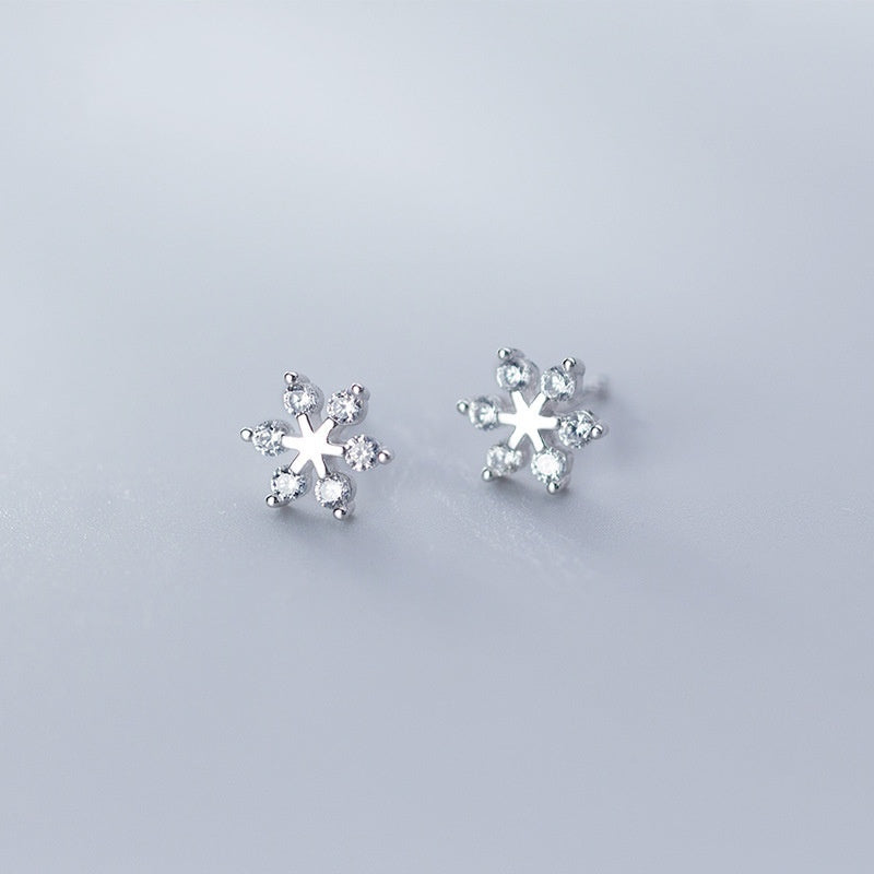 Sterling Silver Stud Earrings Snowflake Diamond Christmas