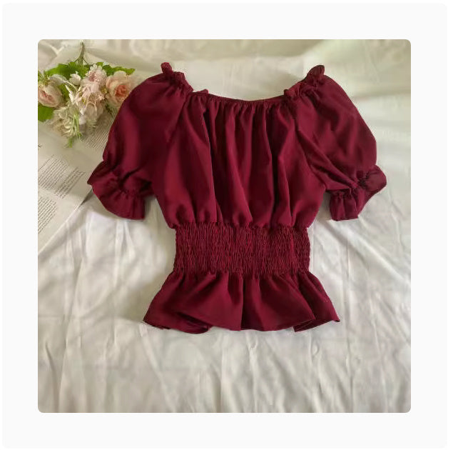 Women's Chiffon Shirt Off-shoulder Shoulder-baring Spring And Autumn Korean Style Waist-controlled Top