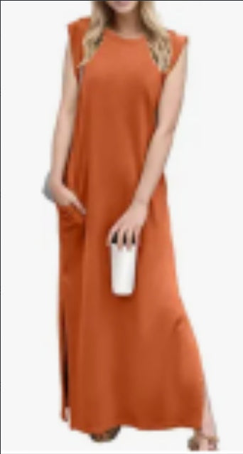 Women Summer Round Neck Casual Loose Split Wrinkle-Free Long Maxi Beach Dress With Pockets