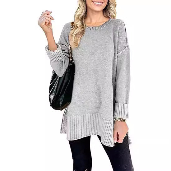 Women's Sweater Round Neck Side Slit Pullover