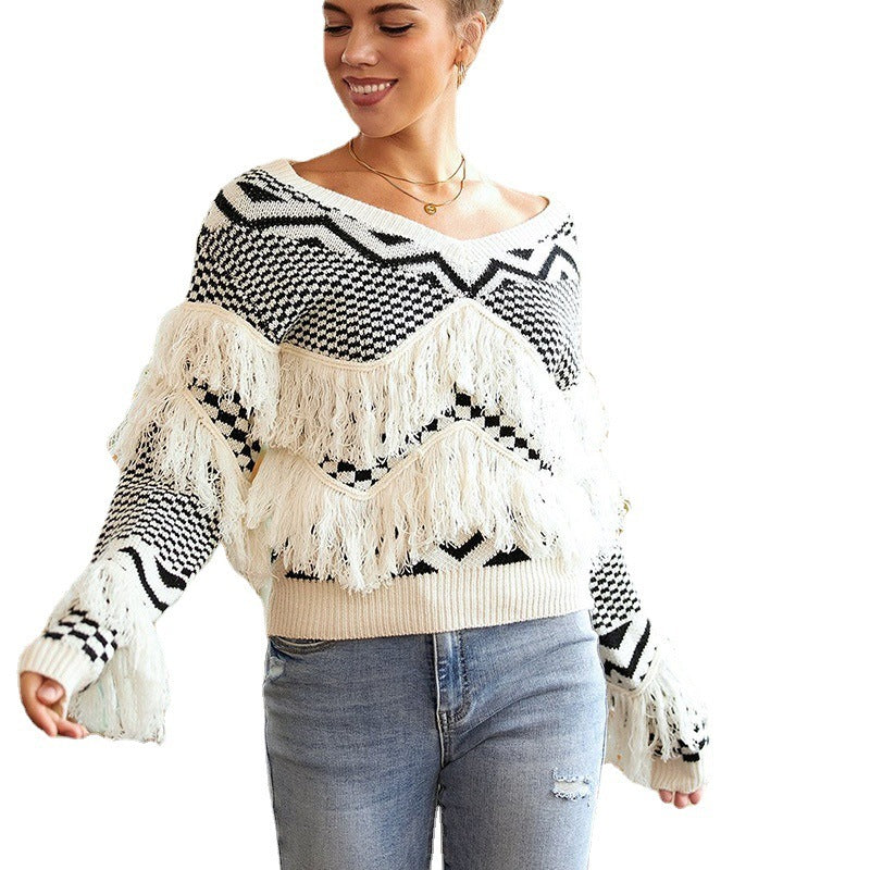 Women's Fashion Plaid V-neck Tassel Sweater