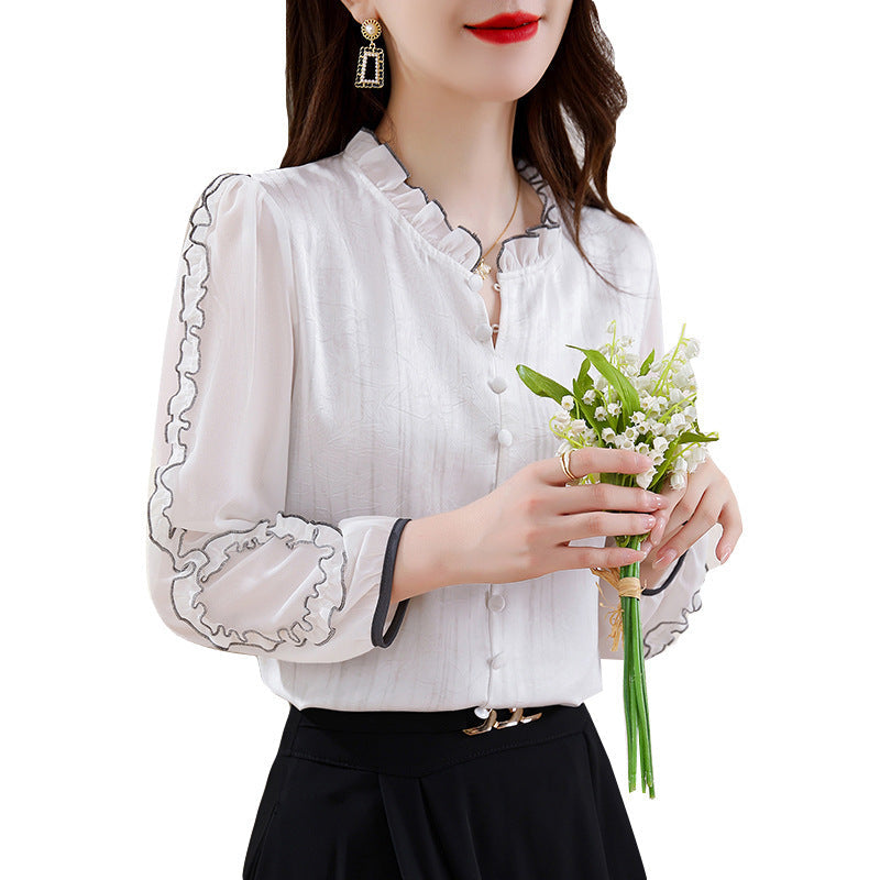 Women's Sleeved Acetate Jacquard Top With Wooden Ear Collar Plate