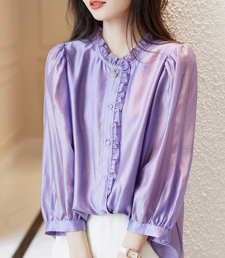 Nine-quarter Sleeve Shirt Women's Puff Sleeve Thin Solid Color Top