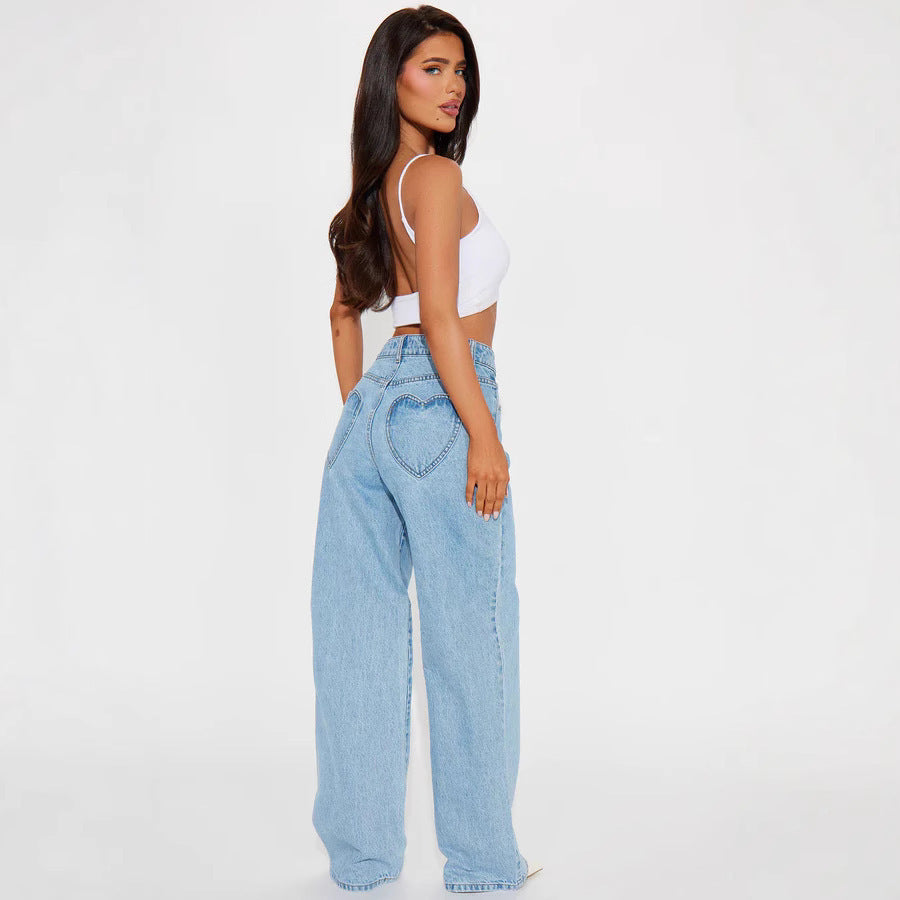 Straight Slimming Trousers Love Pocket High Waist Loose Jeans