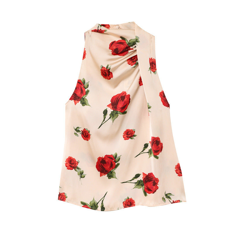Straight Floral Print Backless Hanging Collar Satin Sleeveless Shirt