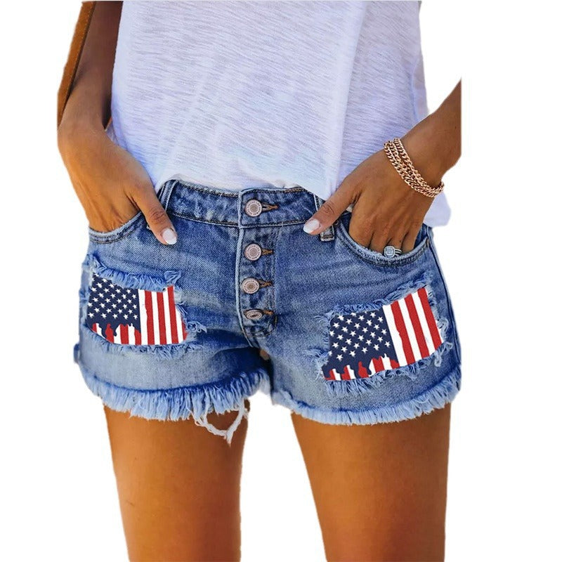 European And American Leisure Ripped Print Patch Tassel Denim Straight Shorts Female