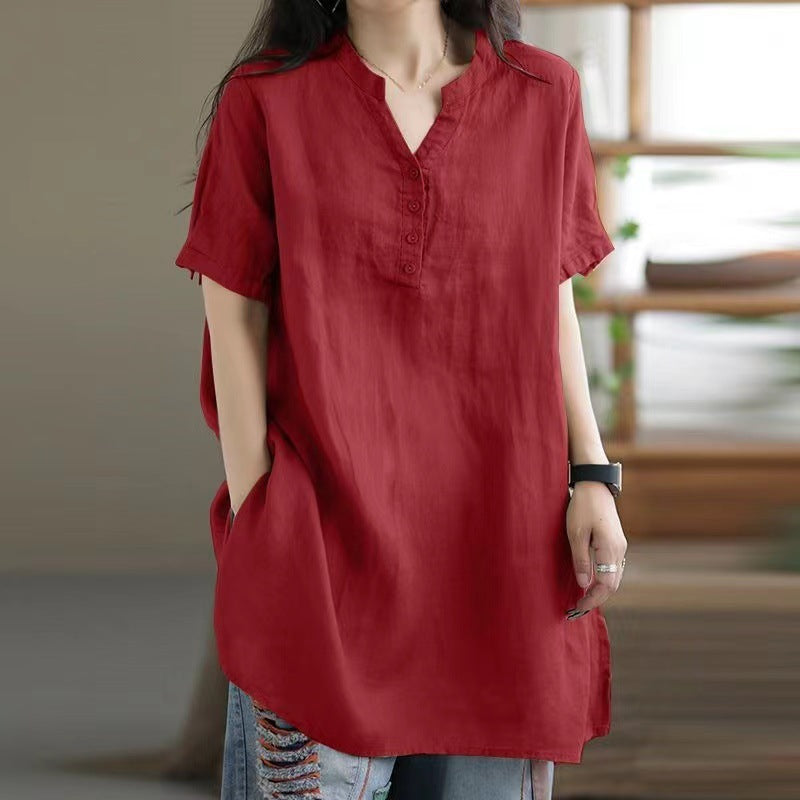 Loose Plump Girls Button Fashion V-neck Short Sleeve Solid Color T-shirt