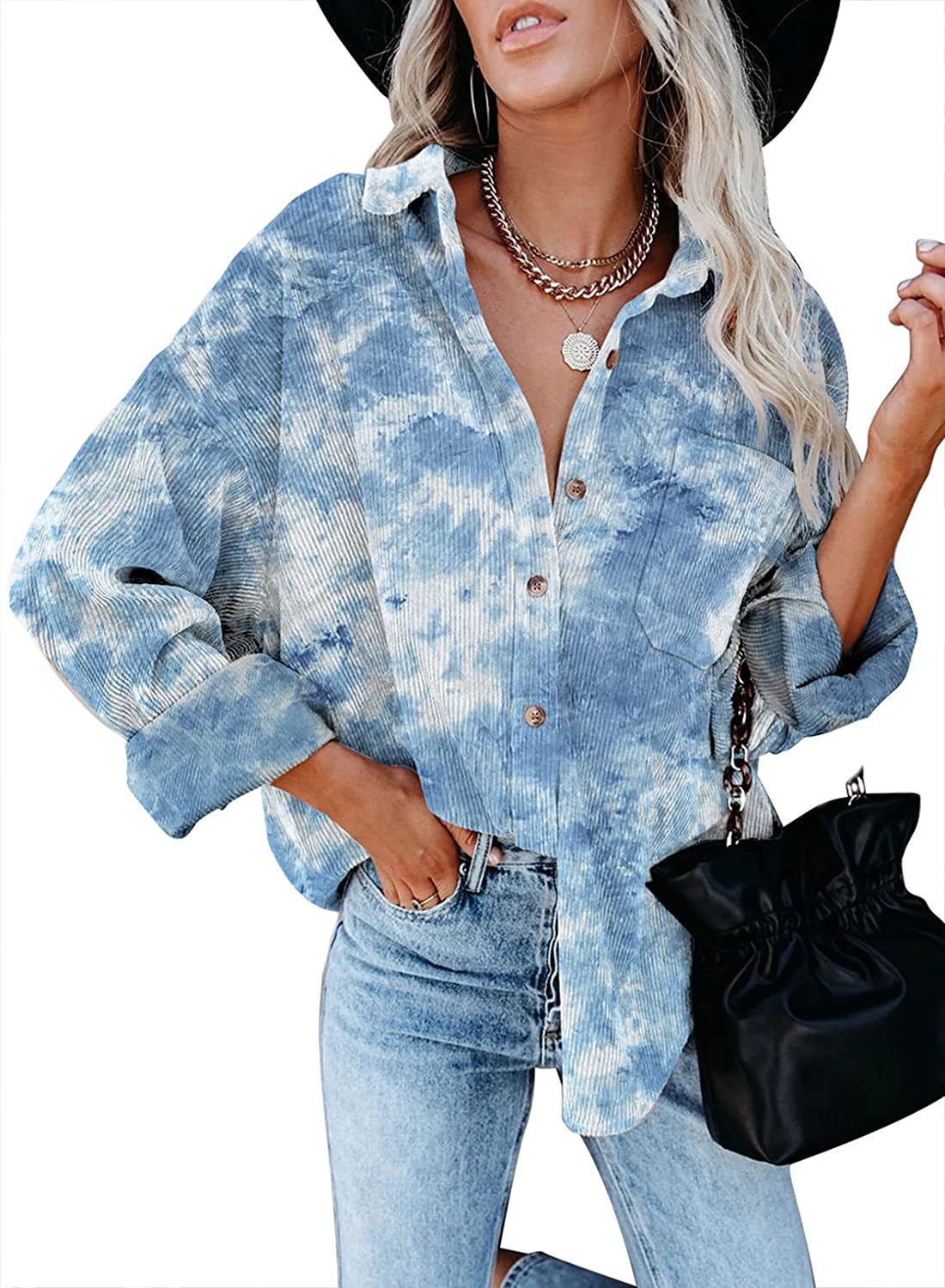 Corduroy Digital Printing Long Sleeve Buckle Loose Oversized Shirt