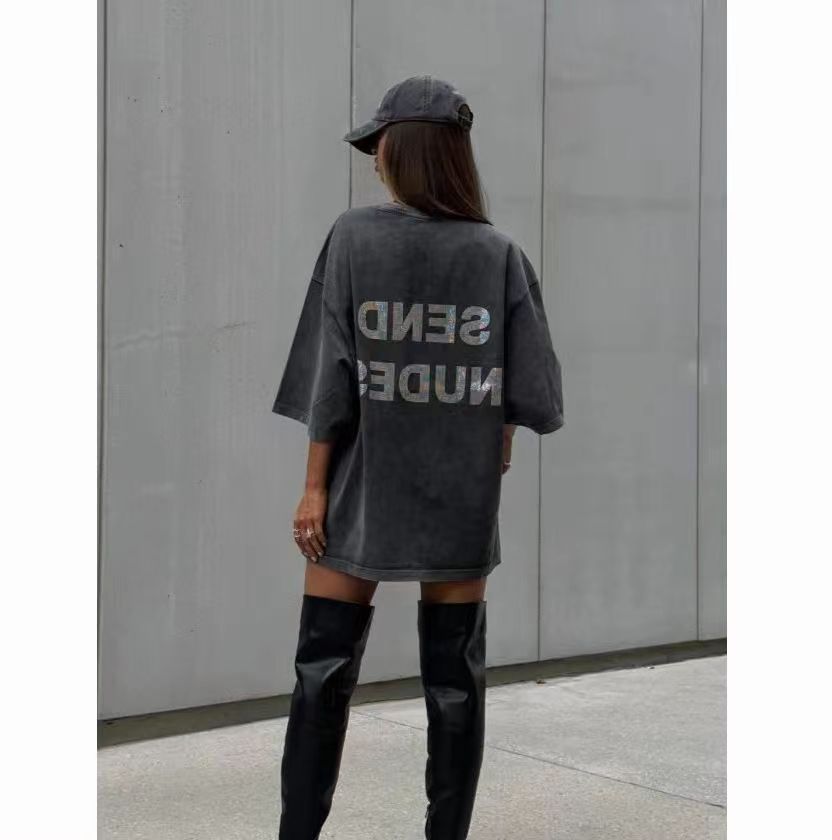 American-style Retro Washed Cotton Letter Rhinestone Short Sleeve Top