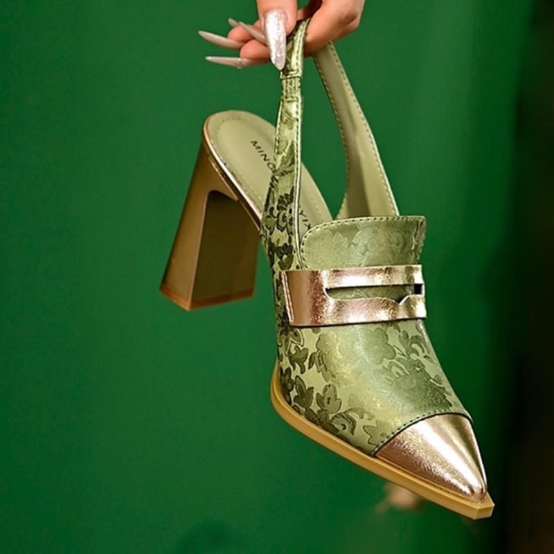 Printed High Heels Chunky Heel Pointed-toe High-cut All-match Strap Sandals