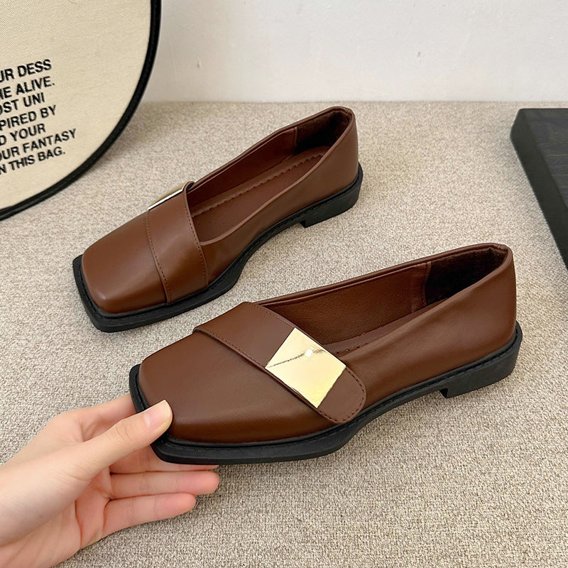 Metal Buckle Square Head Women's Flat-heeled Shoes
