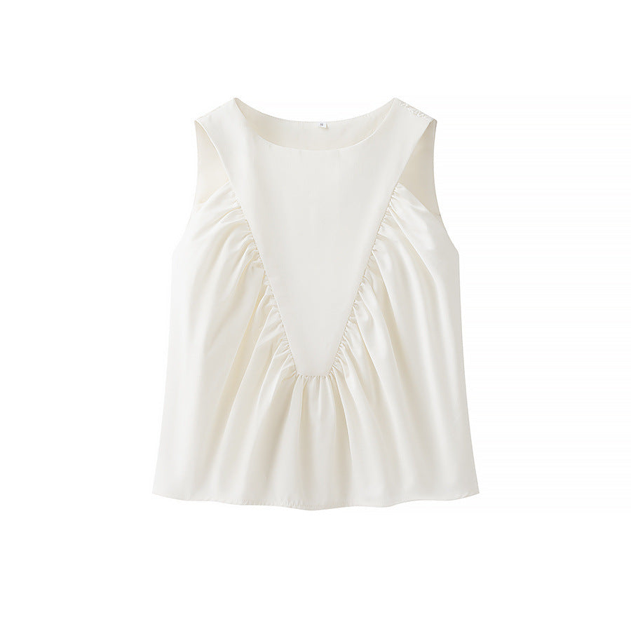 Pleated Decorative Vest Women's Solid Color Round Neck Sleeveless Pullover