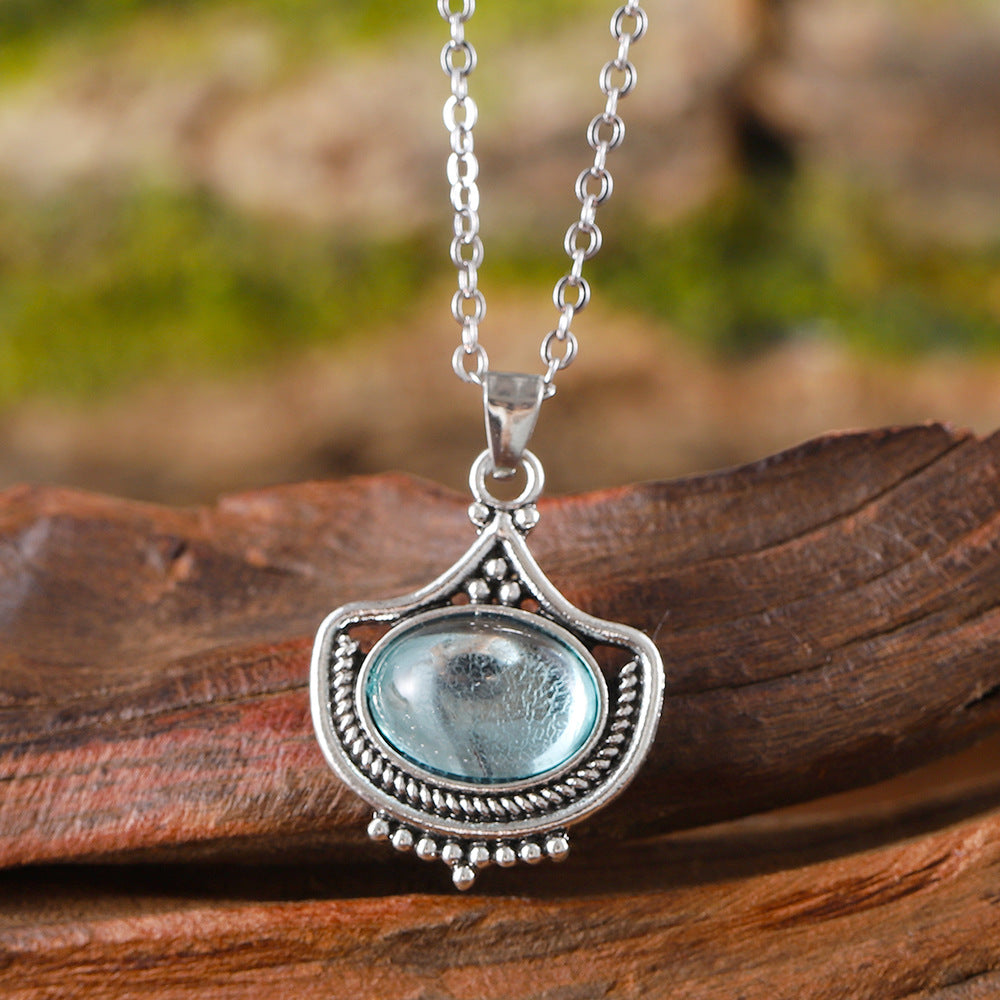 Vintage Blue Oval Gemstone Pendant Necklace Earrings