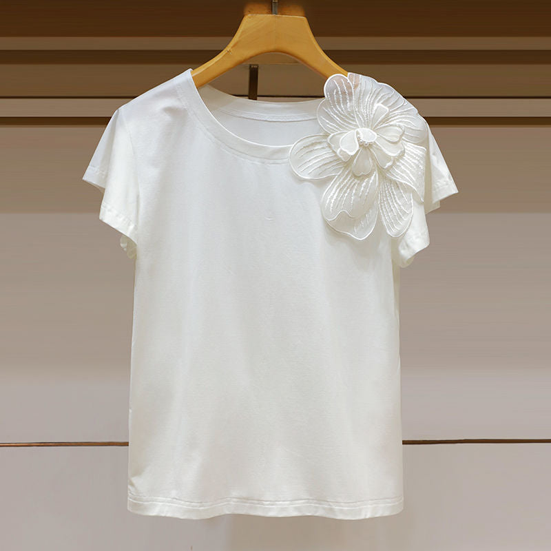 Round Neck Three-dimensional Flower Decoration Fashion Ruffle Sleeve Loose Slim Top