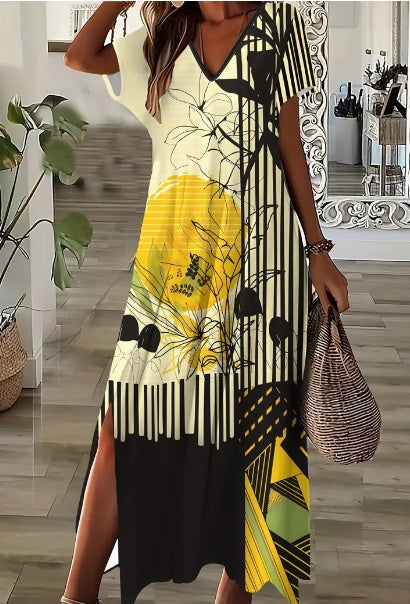 Women'S Casual V-Neck Split Hem Dress, Plant Print Fitted Dress For Spring & Summer