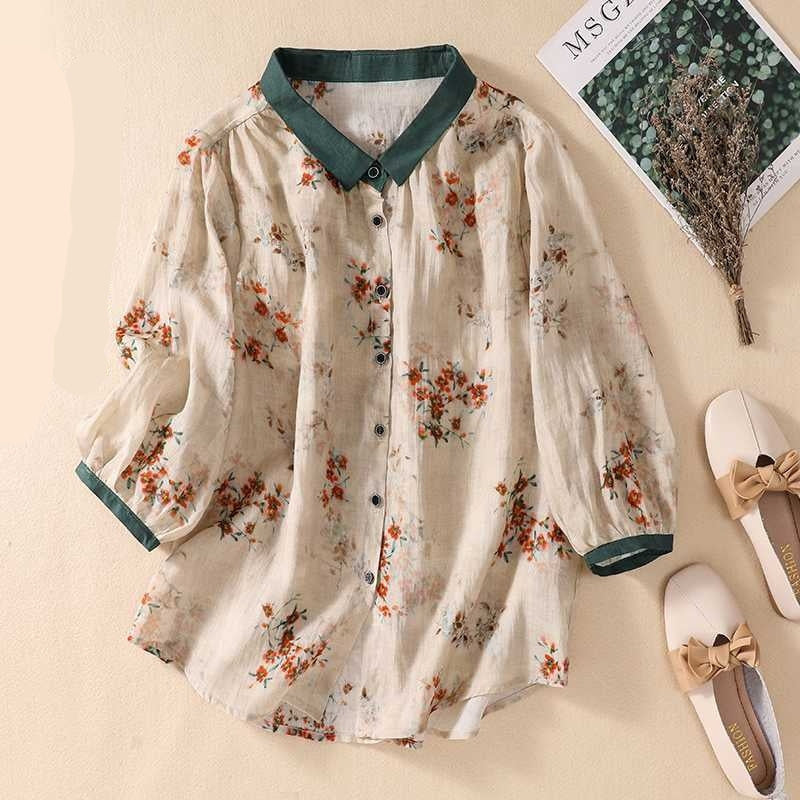 Cotton And Linen Top Women's Loose Printed Linen Shirt