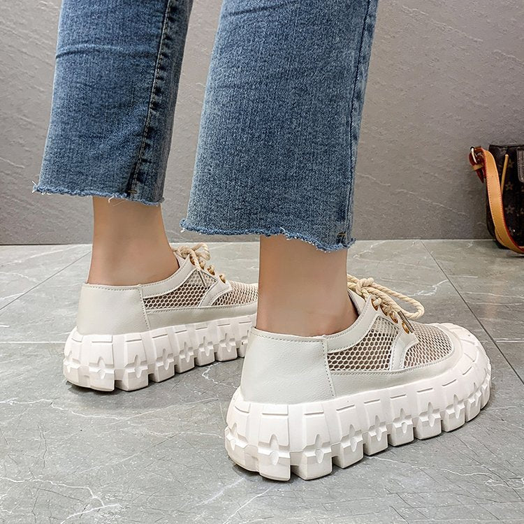 Round-toe Platform Sole Mid-heel Deep-mouth Single Shoe Lace-up Solid Color Women's Shoes