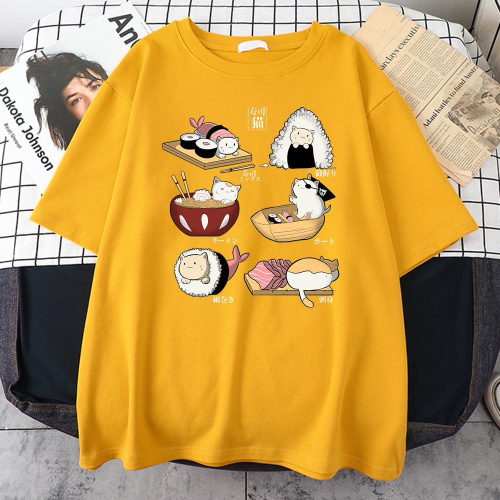 H Cute Cat Sushi Cartoon Style Mens Cotton Short Sleeve