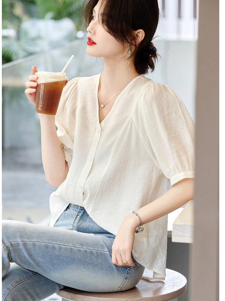 Retro French V-neck Short Sleeve Shirt