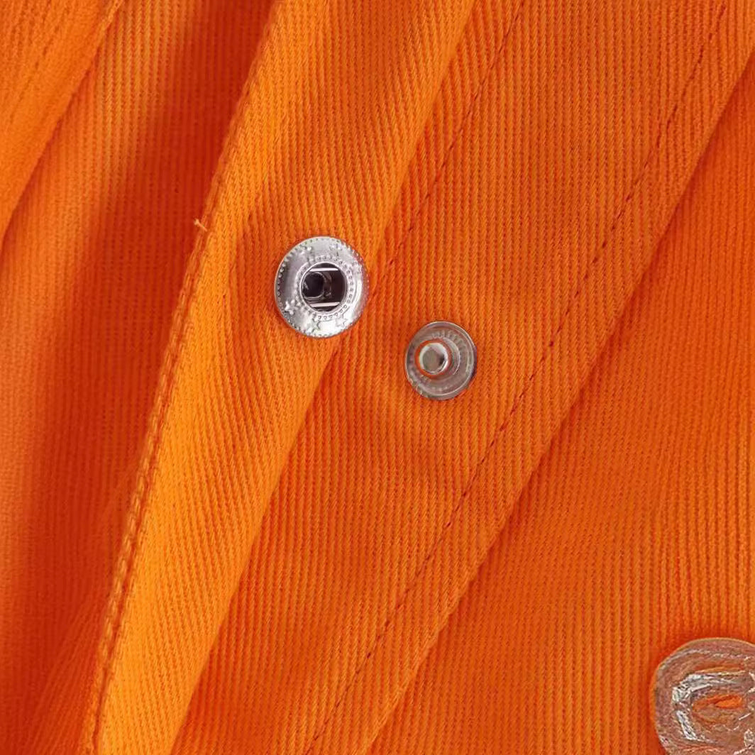 Oversized Loose Orange Imitation Denim Single-breasted Large Pocket Long Sleeve Women's Shirt