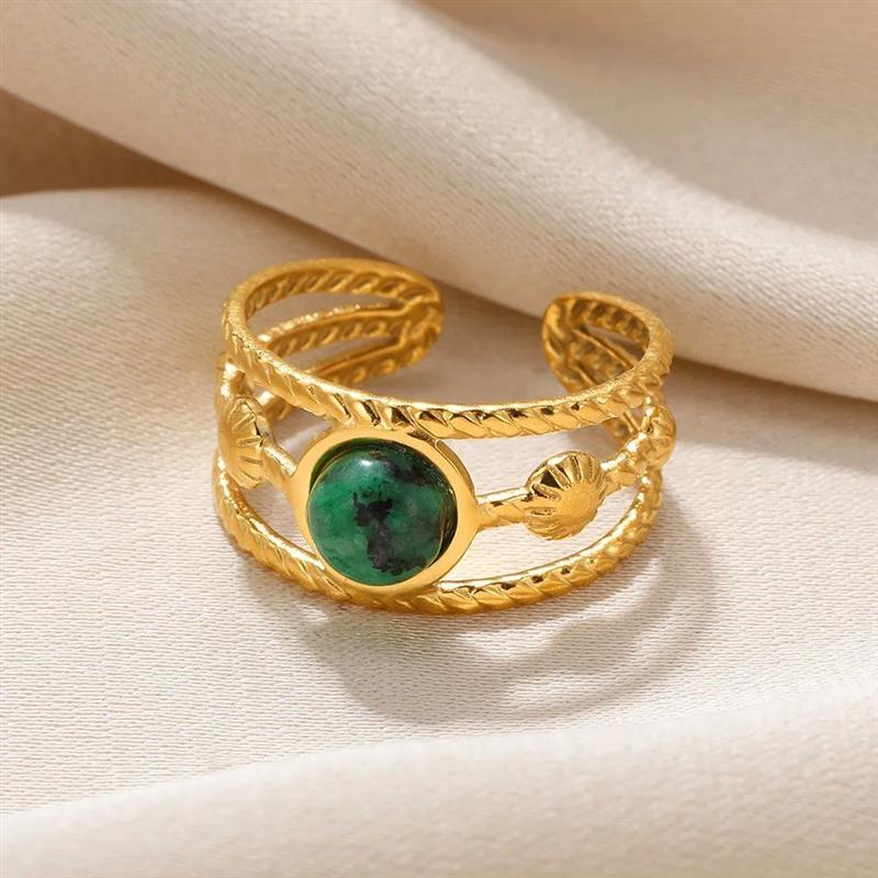 Stainless Steel Green Natural Stone Ring For Women Vintage