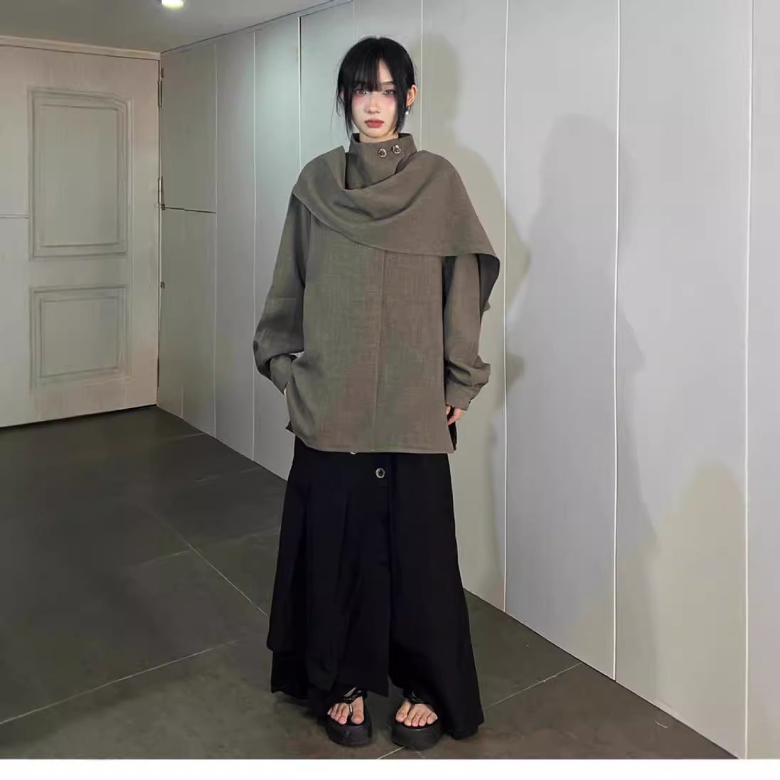 Autumn High-grade French Stand Collar Shirt Women's Half Turtleneck Ribbon Scarf