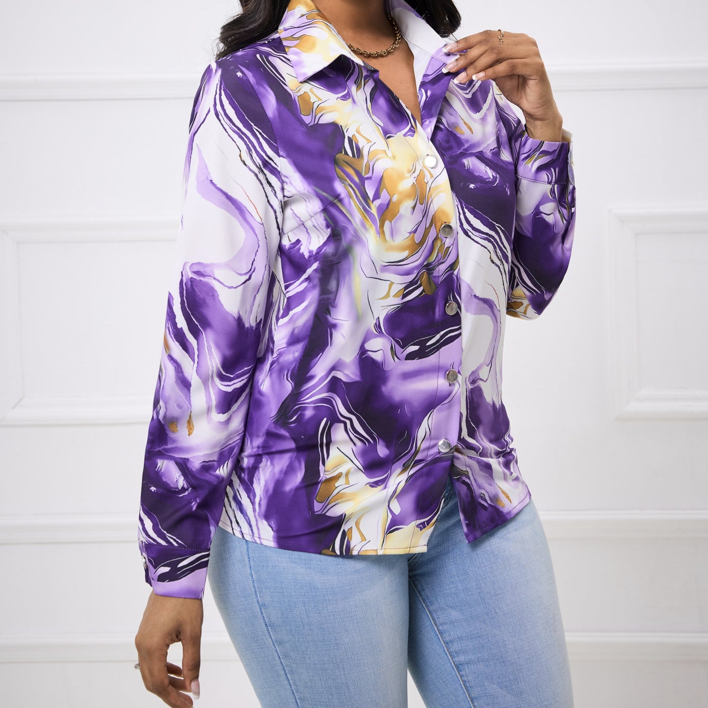 Ladies' Fashionable And Elegant Springsummer Shirt With A Collar And Fashionable Print, Comfortable And Casual Long Sleeved Shirt Top
