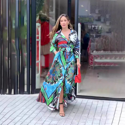 Printed Dress Long Sleeve Cardigan Belt Long Dress