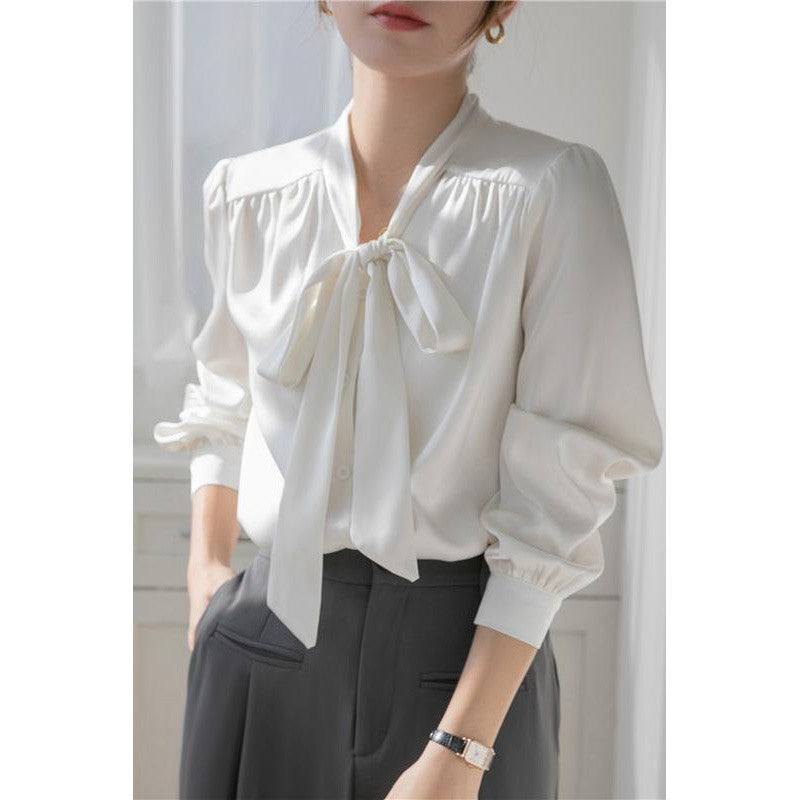 French Temperament Ribbon Bowknot Solid Color Business Shirt