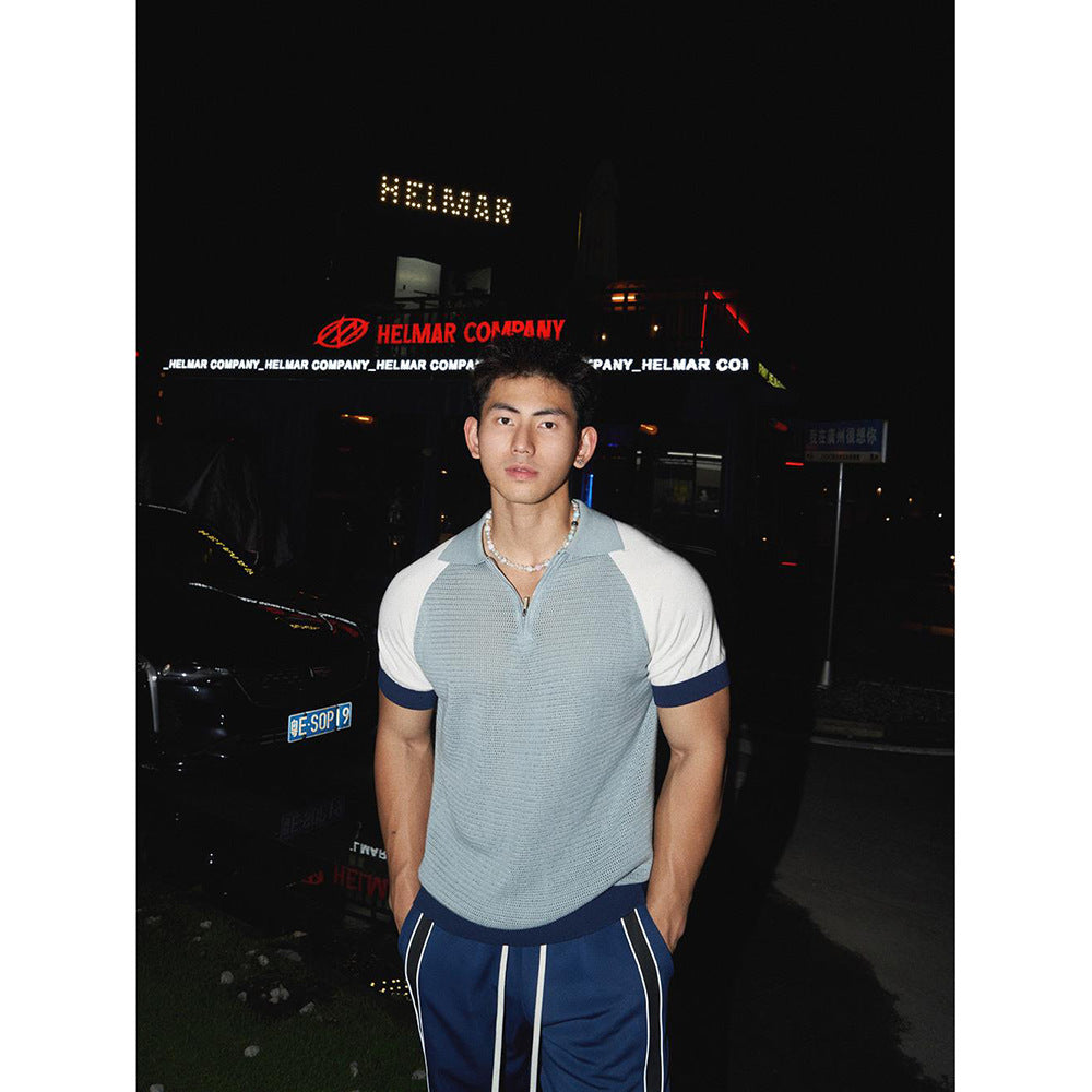 Raglan Sleeve Patchwork Knitting Lapel Short Sleeve Polo Shirt Men's T-shirt