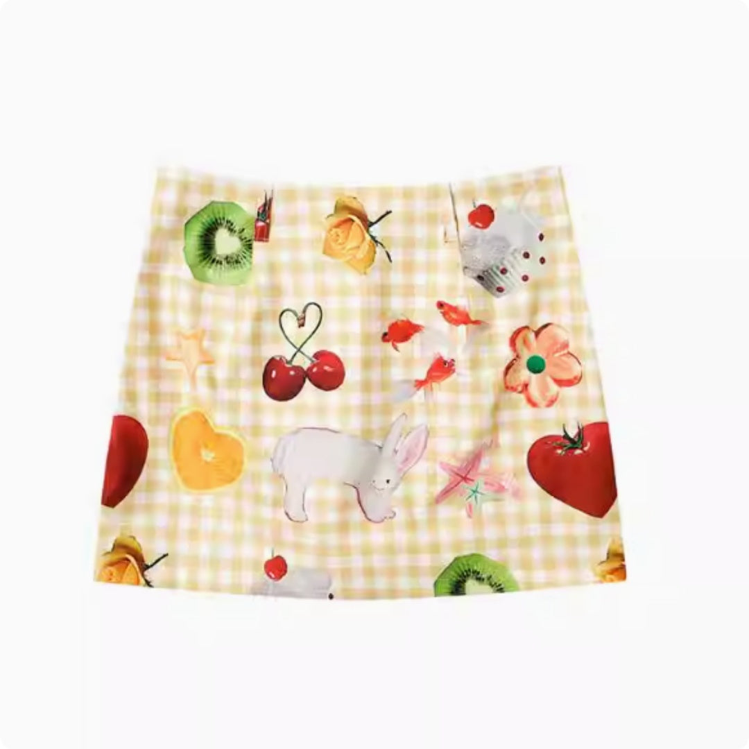 Fruit Print Yellow High Waist Slimming Short Skirt For Women