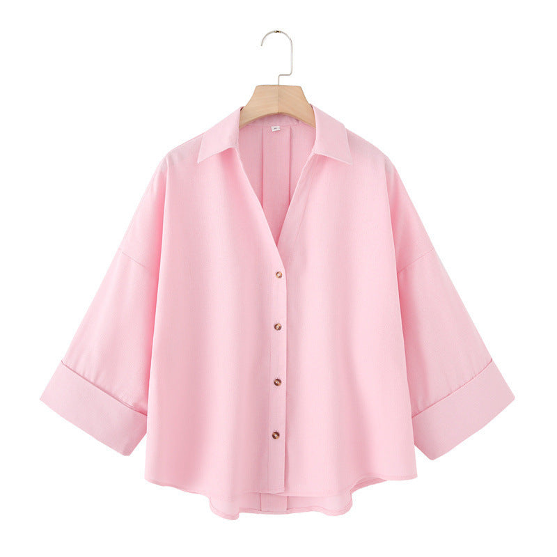 Linen Blended Wide Sleeve V-neck Temperament Shirt