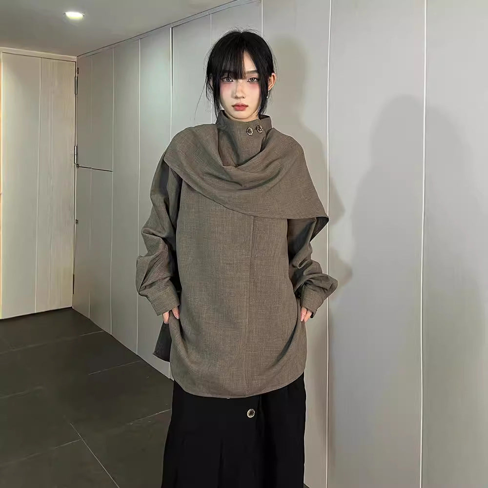 Autumn High-grade French Stand Collar Shirt Women's Half Turtleneck Ribbon Scarf