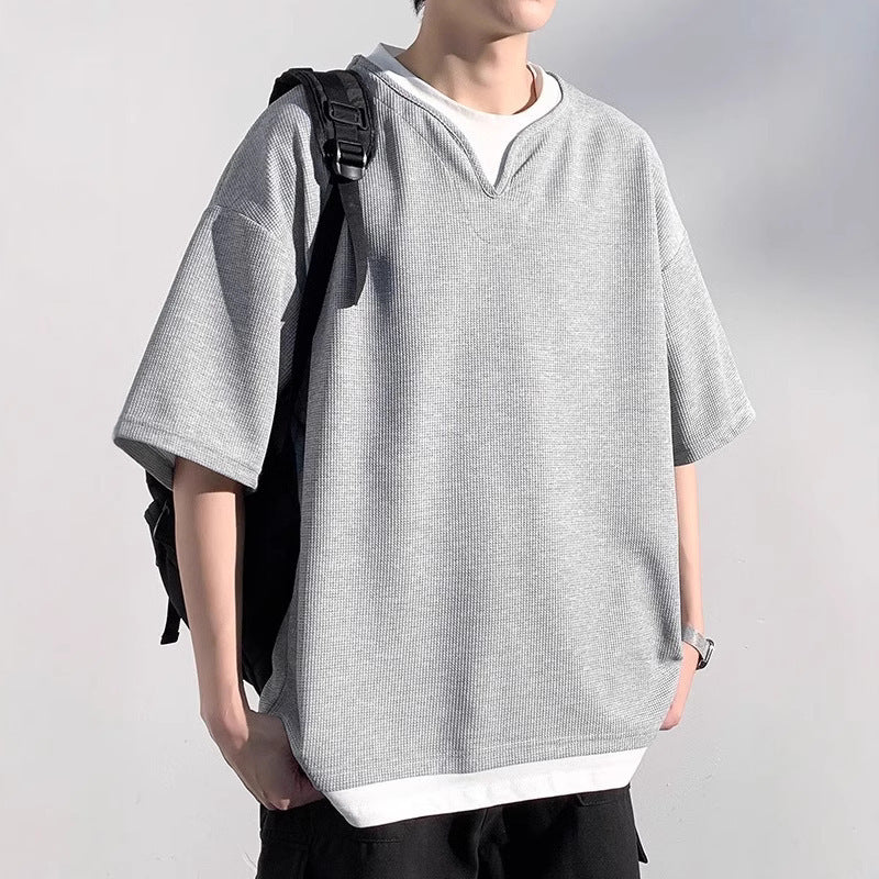 Henry Collar Fake Two Pieces Short Sleeve T-shirt Trendy Men Summer