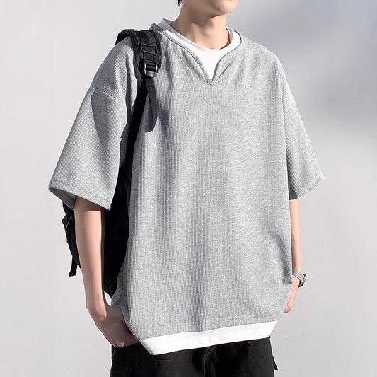 Henry Collar Fake Two Pieces Short Sleeve T-shirt Trendy Men Summer