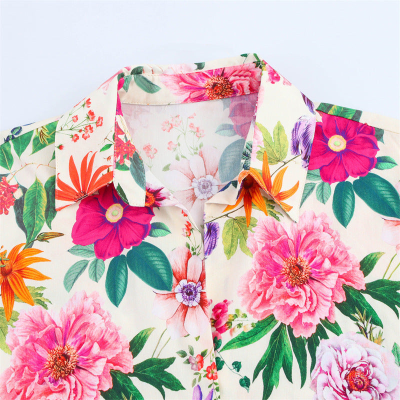 Women's All-match Floral Printing Lapel Single-breasted Long Sleeve Shirt