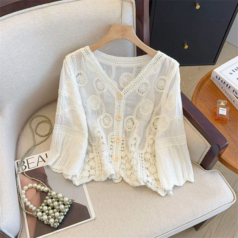 French Crochet Hollowed-out V-neck Lace Sweater