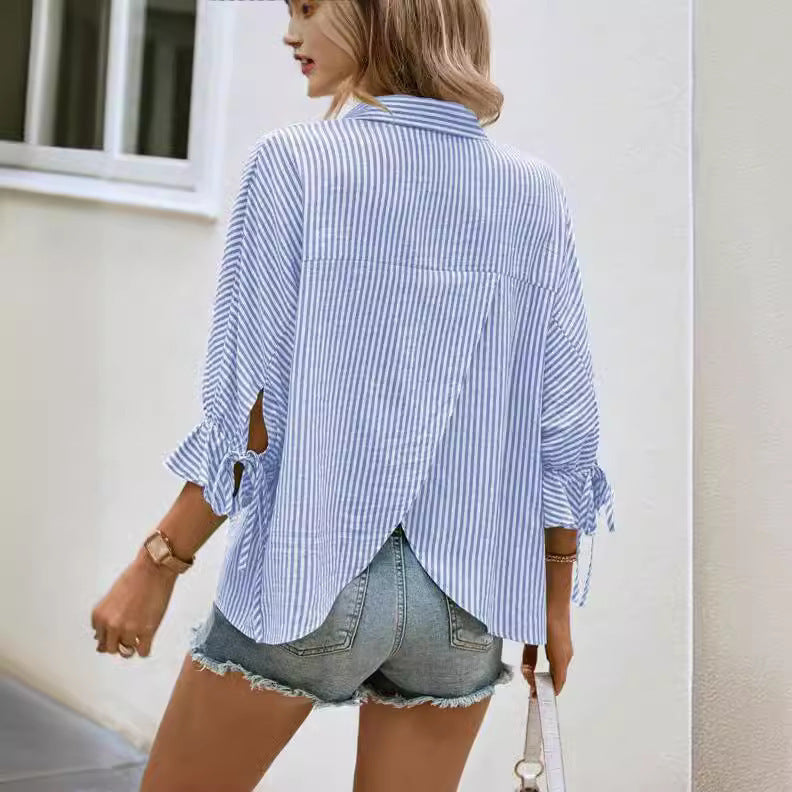 Spring And Summer Striped Flared Batwing Sleeve 34 Sleeve Back Slit V-neck Casual Shirt